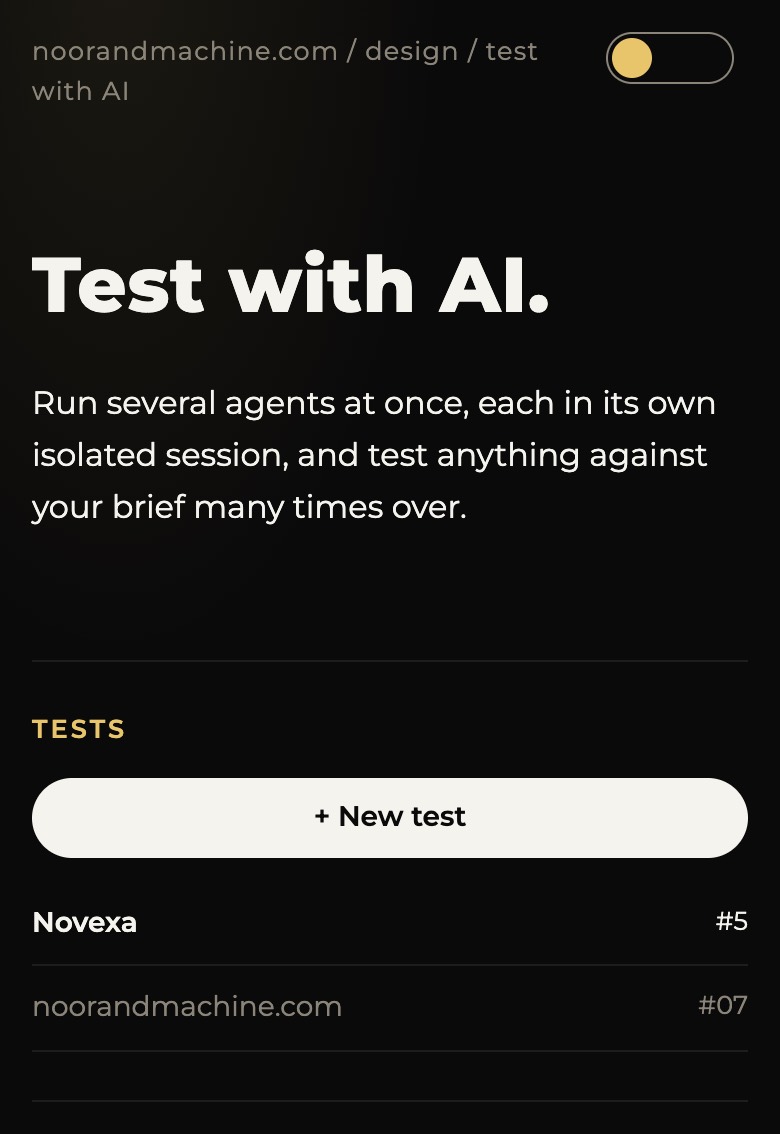 The Test with AI app on a phone: the headline, and a list of three tests